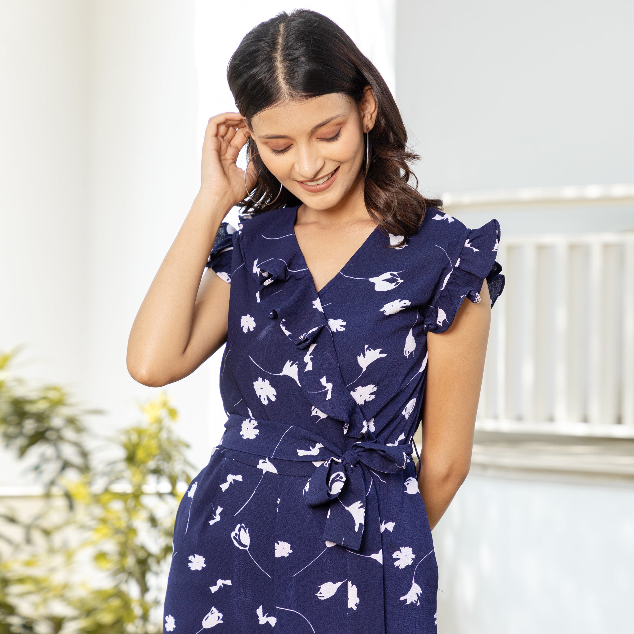 Navy Blue Summer Floral Ruffle Jumpsuit