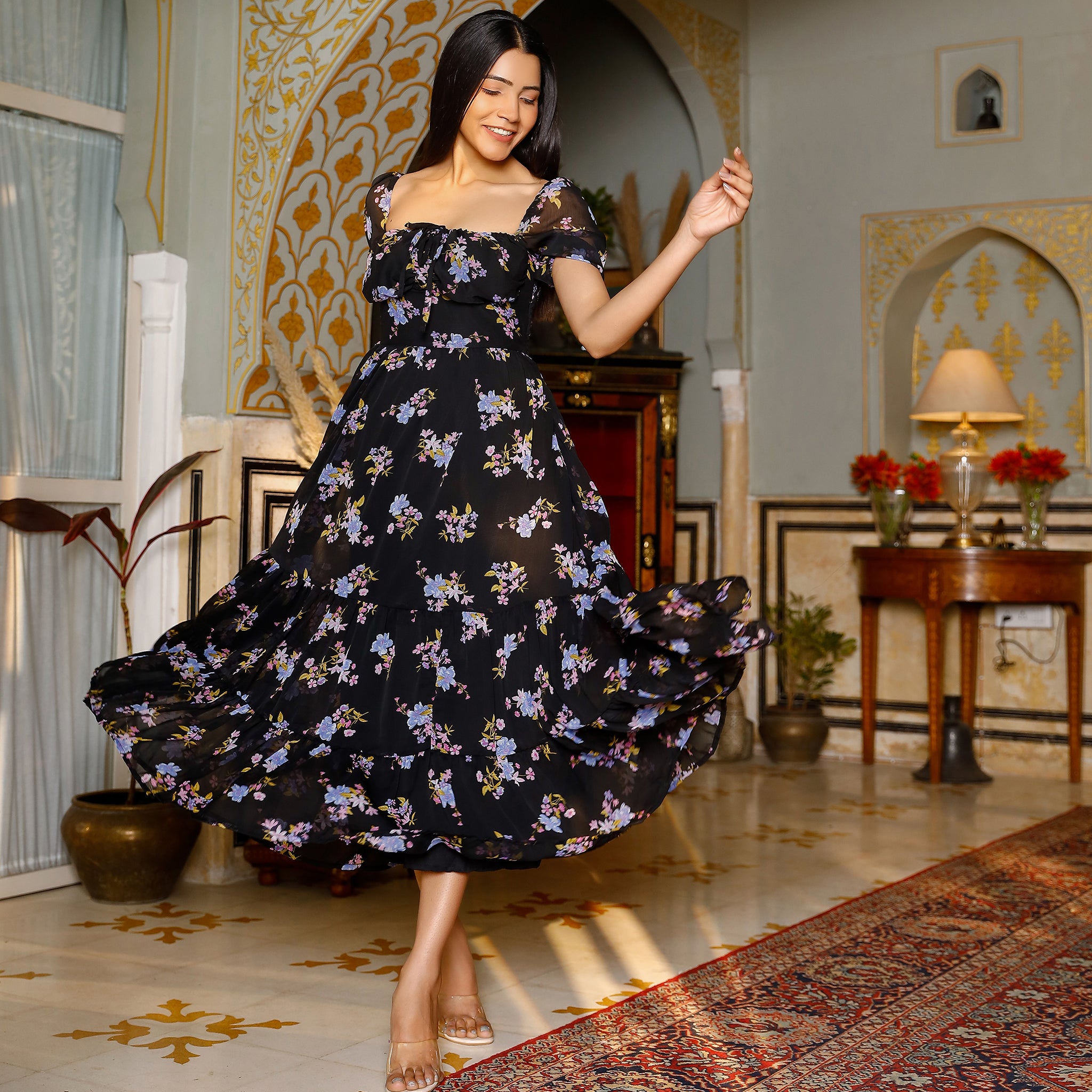 Frida Black Floral Maxi Dress