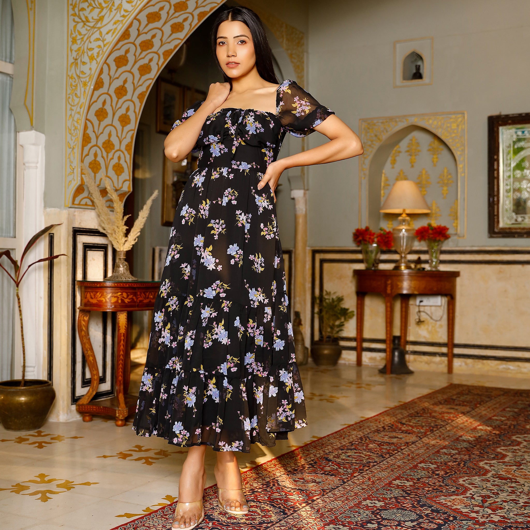Frida Black Floral Maxi Dress