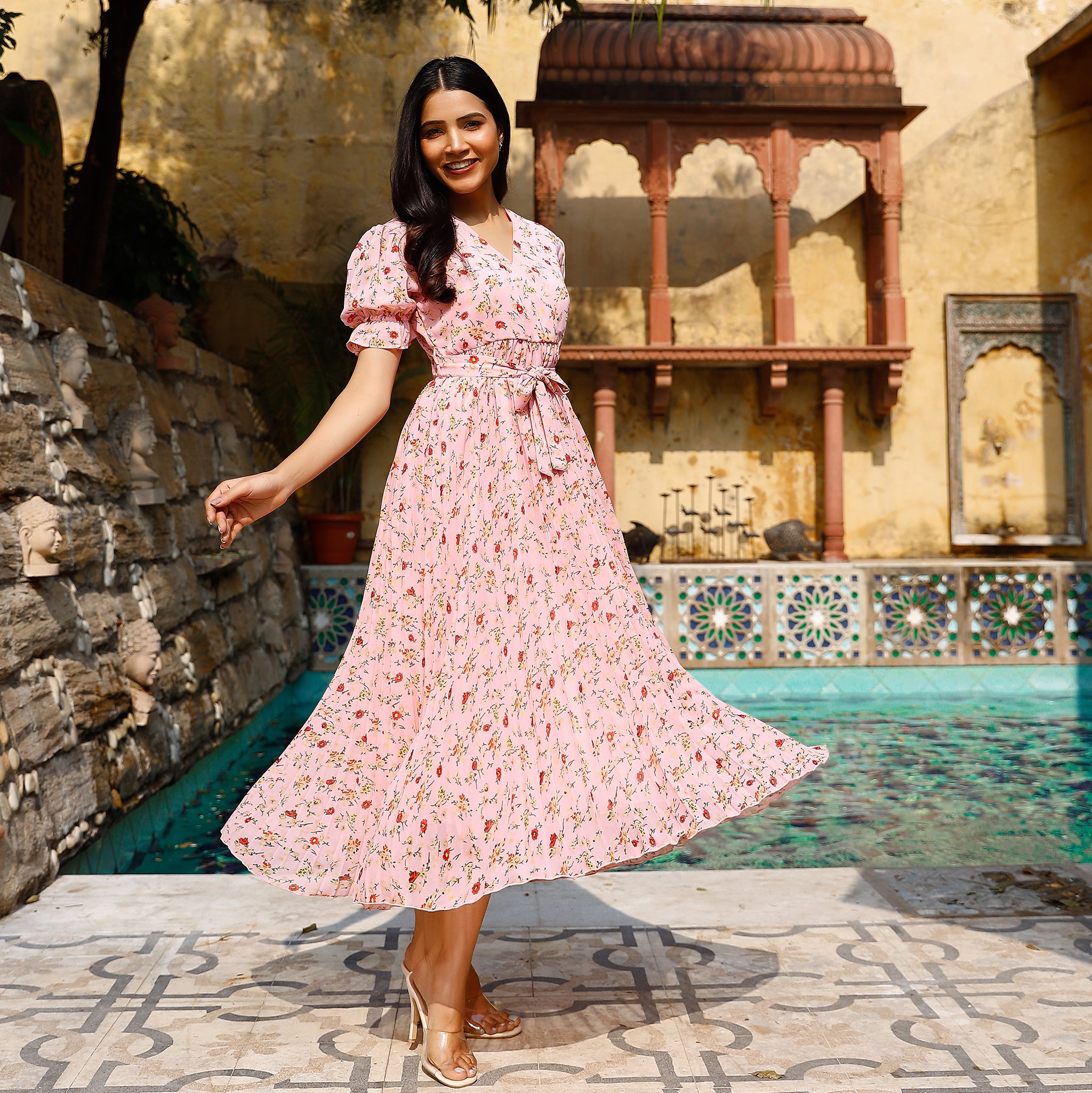 Zina Floral Pleated Maxi Dress