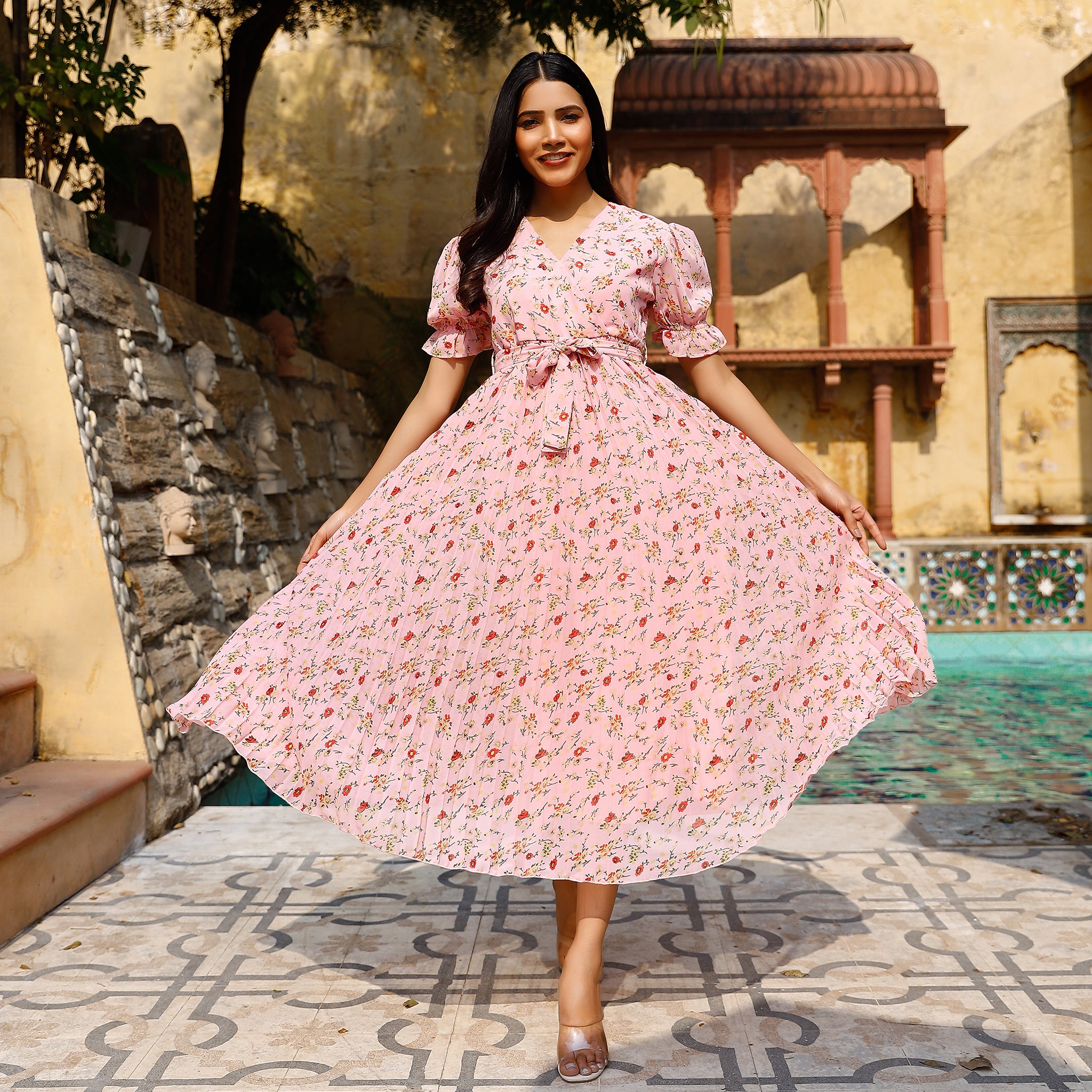 Zina Floral Pleated Maxi Dress