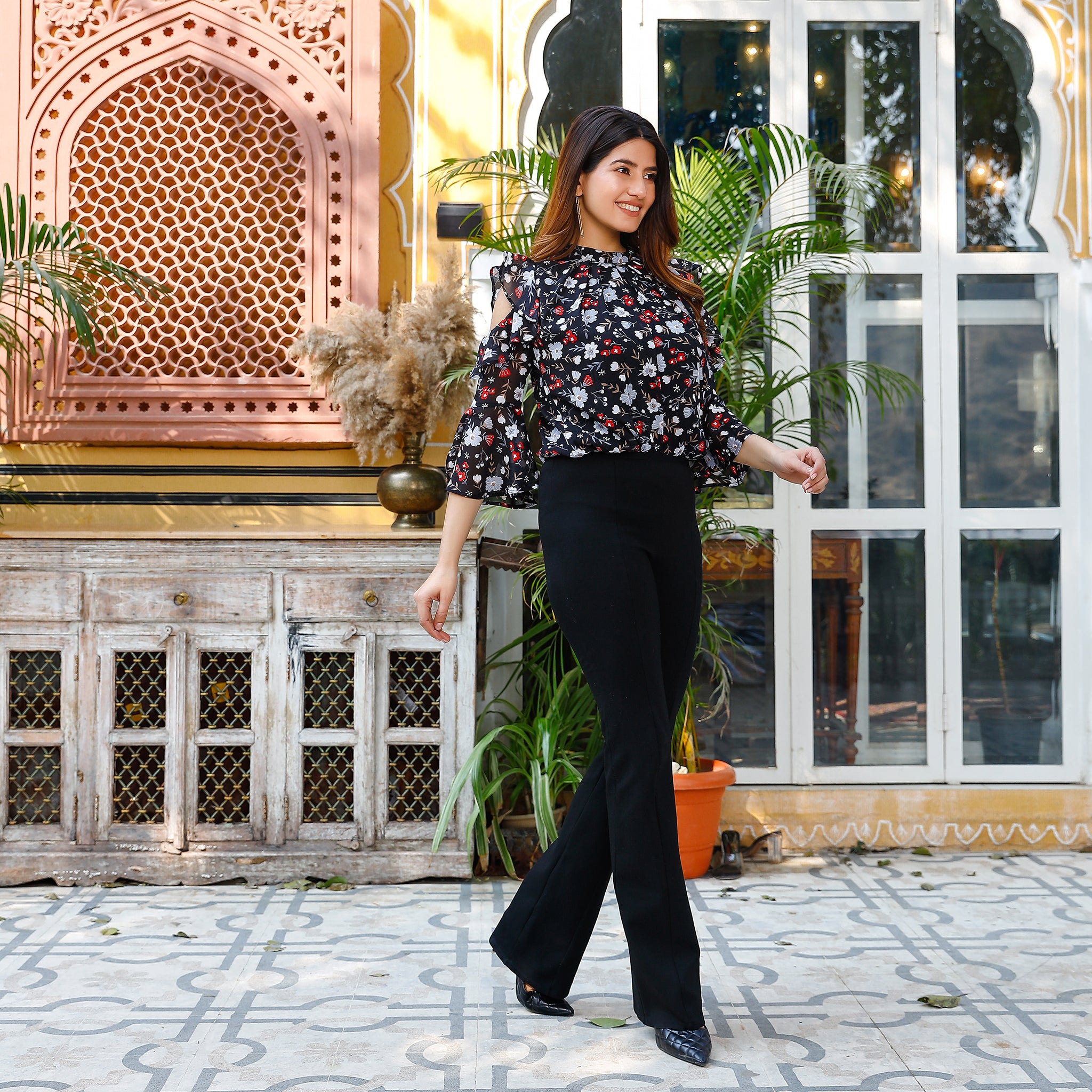 Suzanne Cold-Shoulder Floral Pleated Top