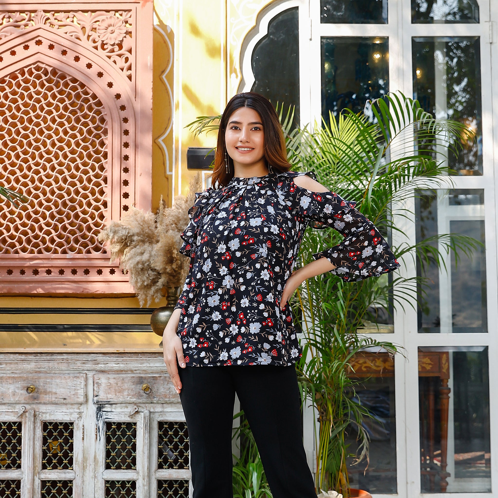 Suzanne Cold-Shoulder Floral Pleated Top