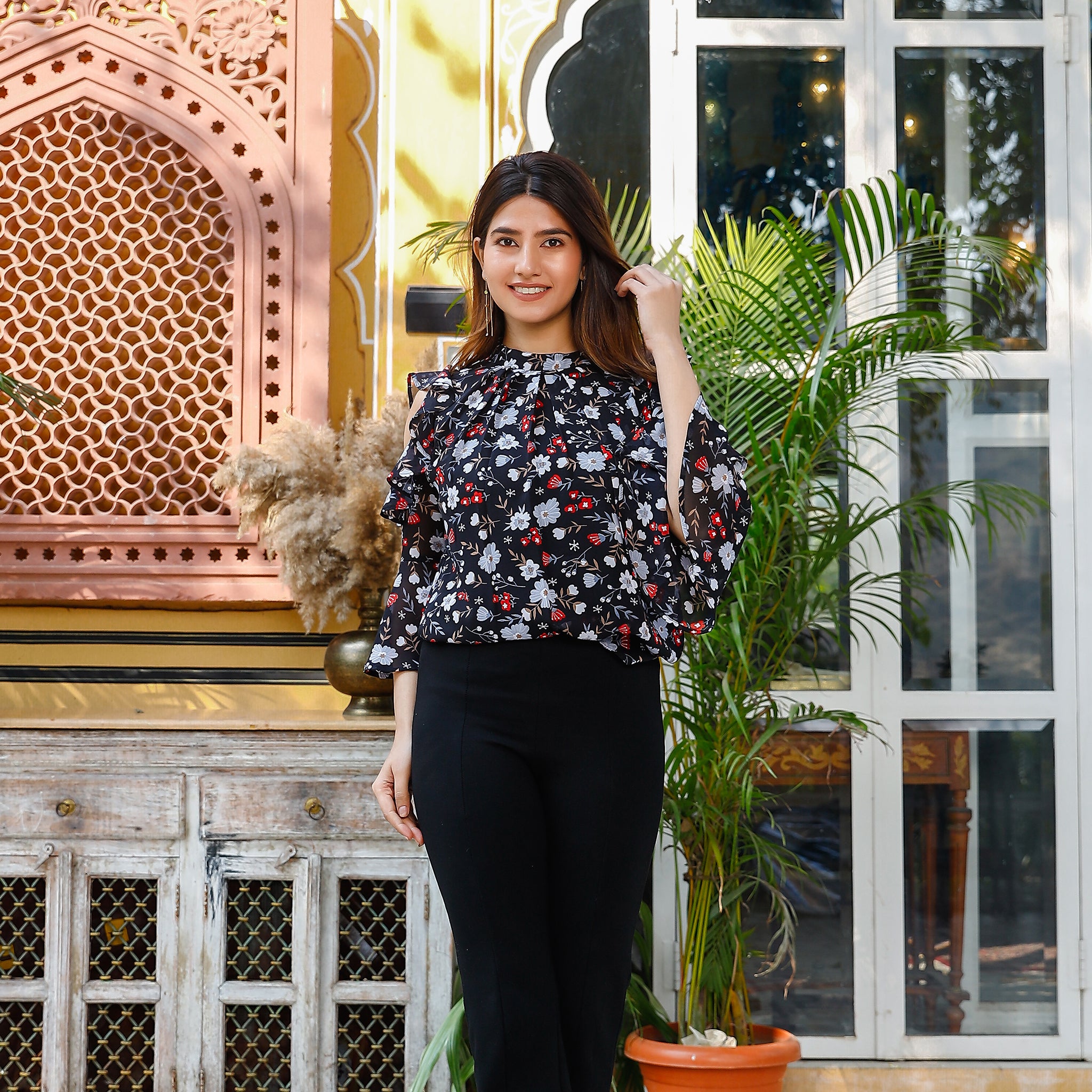 Suzanne Cold-Shoulder Floral Pleated Top