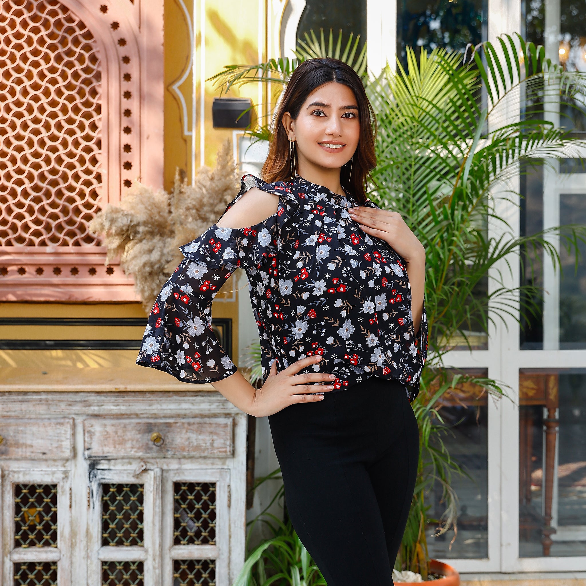 Suzanne Cold-Shoulder Floral Pleated Top