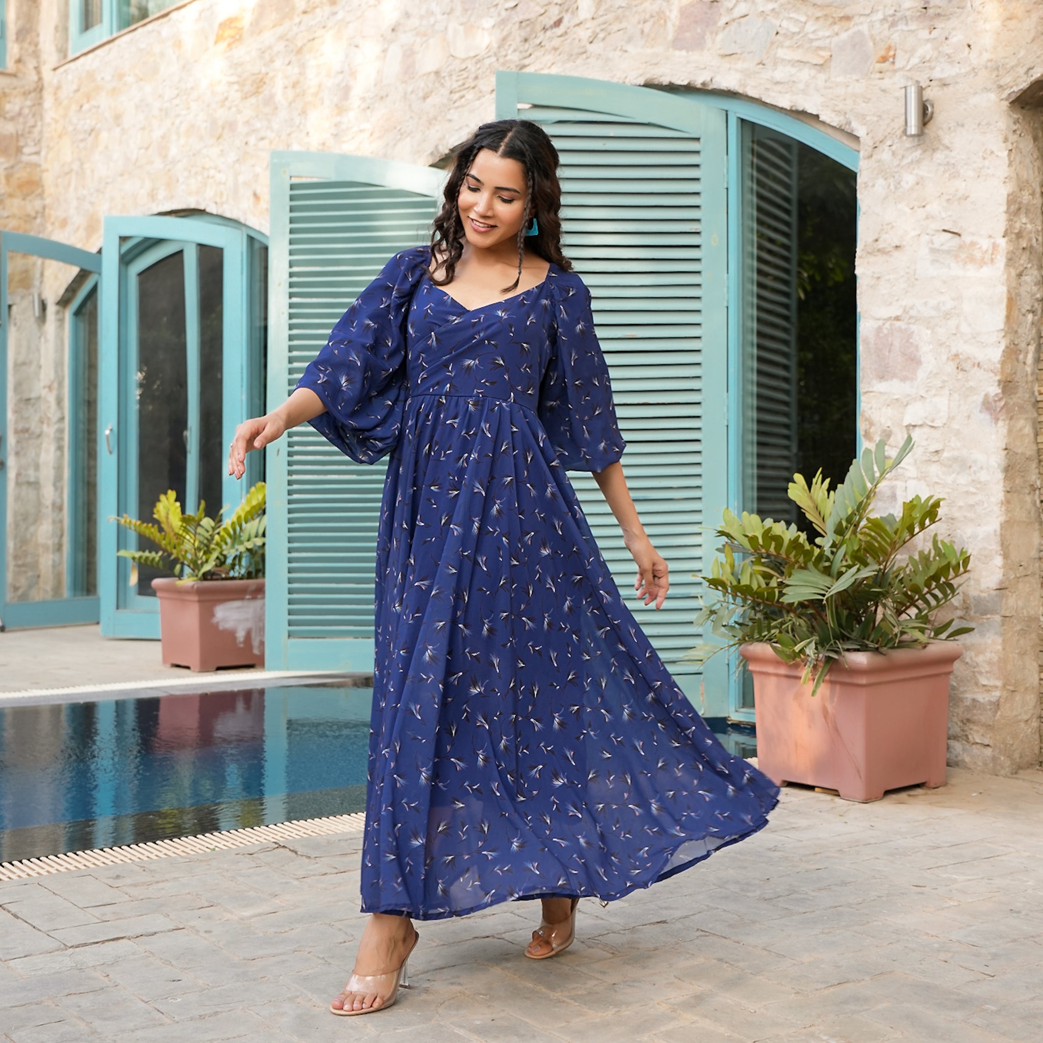 Allen Blue Leafy Flared Maxi Dress