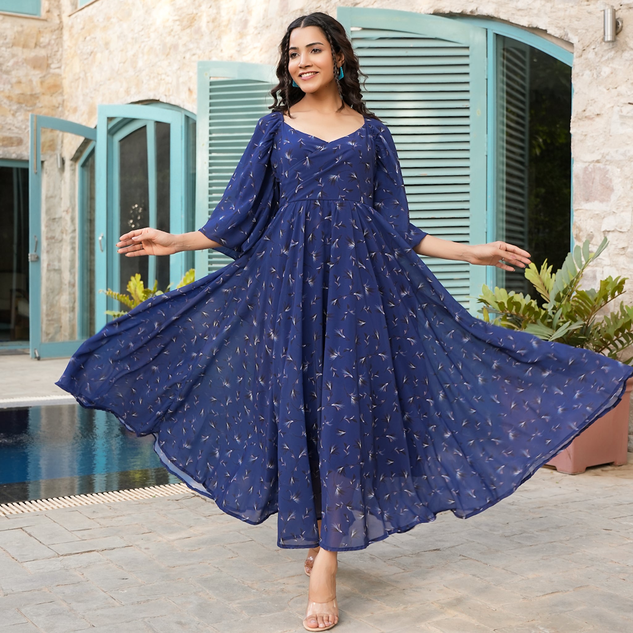 Allen Blue Leafy Flared Maxi Dress