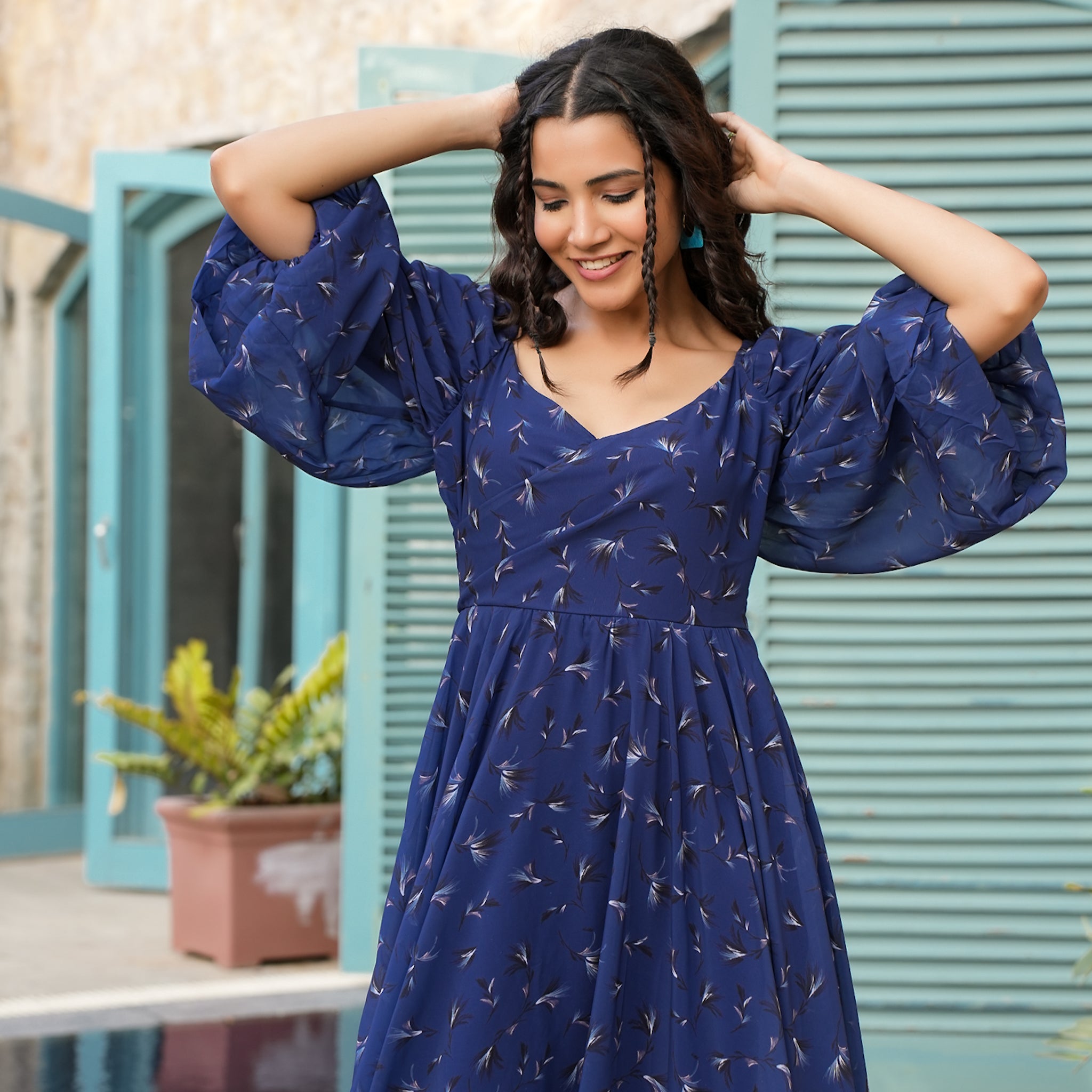 Allen Blue Leafy Flared Maxi Dress