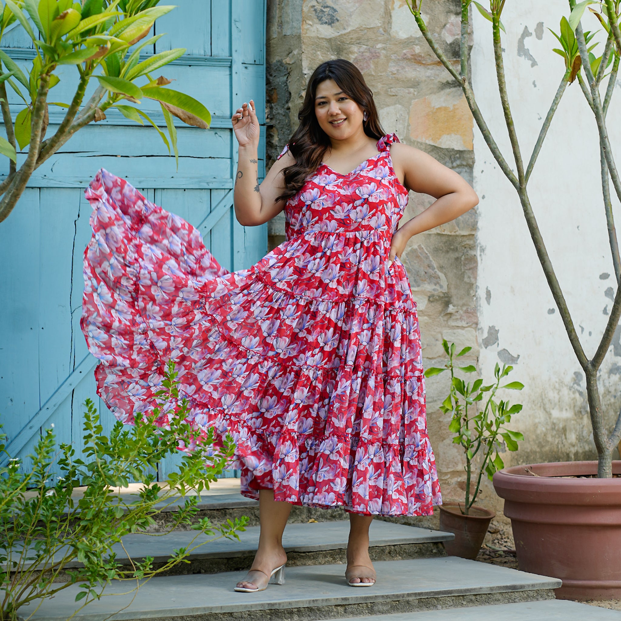 Diaz Curve Red Floral Maxi Sundress