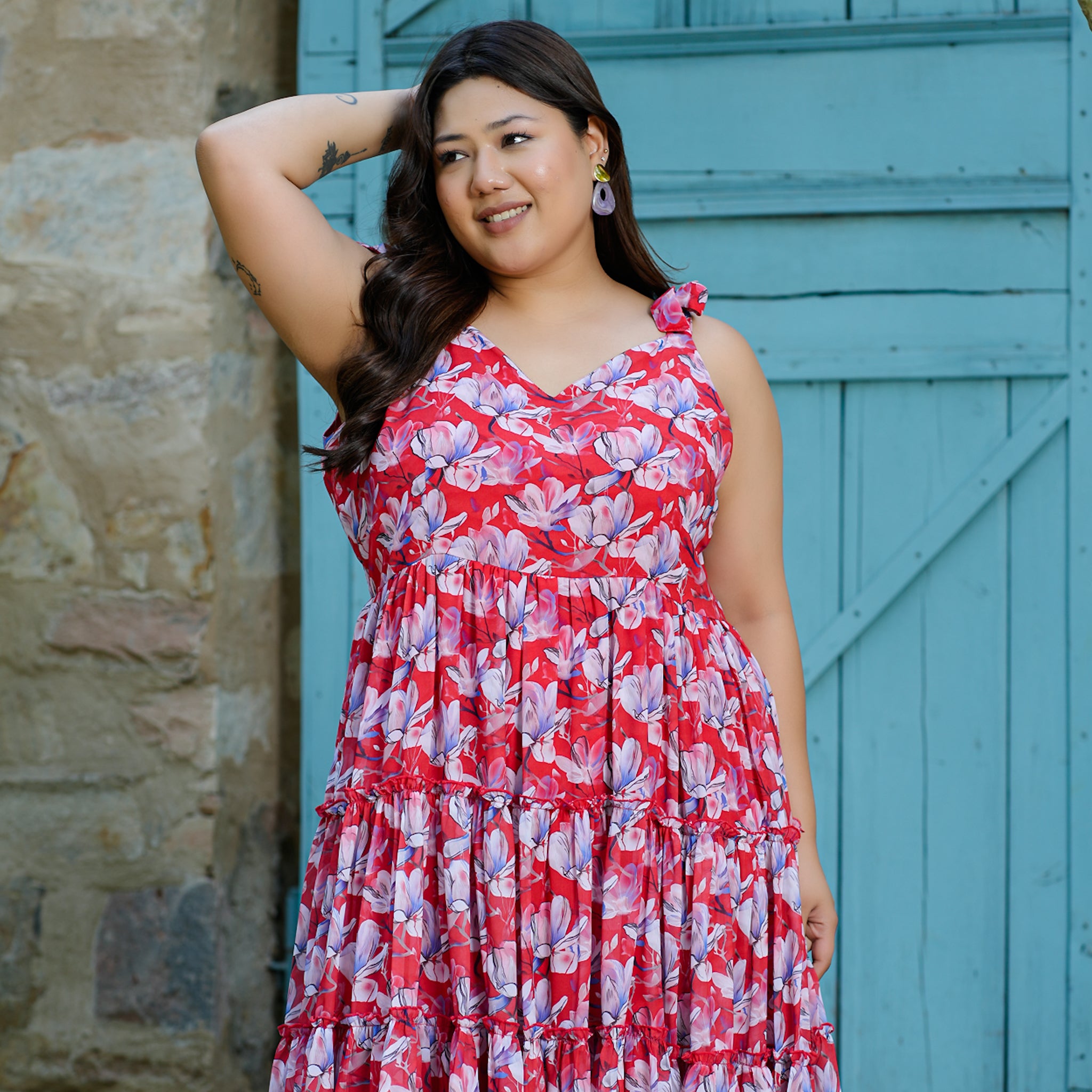 Diaz Curve Red Floral Maxi Sundress