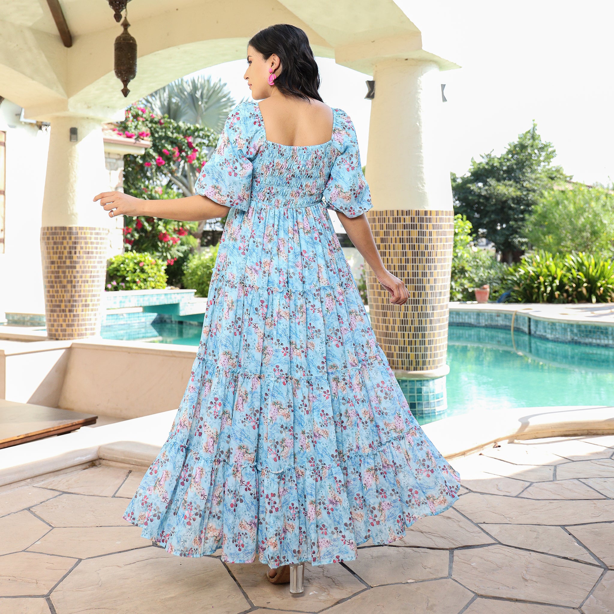 Deborah Blue Floral Smocked Maxi Dress