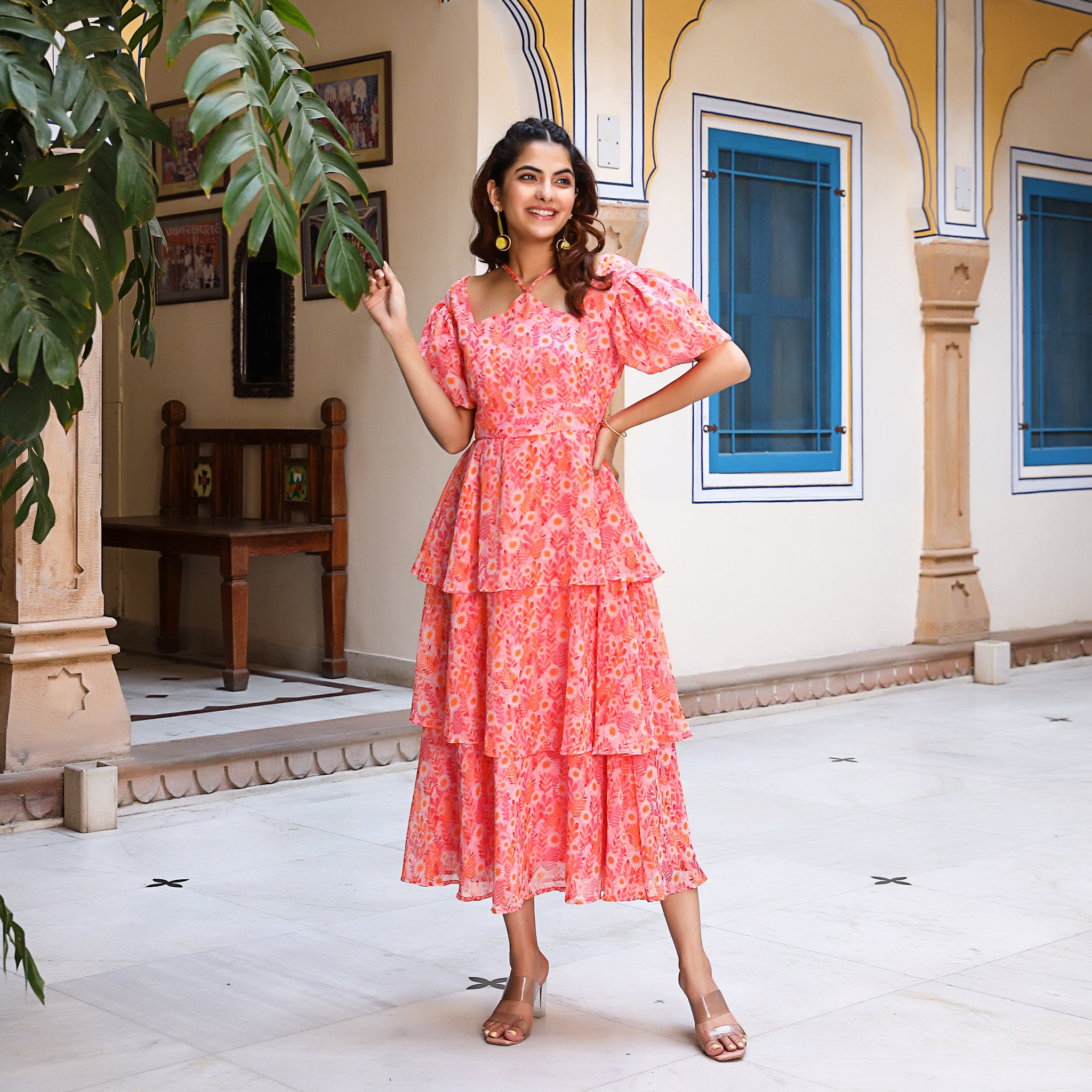 Belmira Orange Tiered Floral Dress