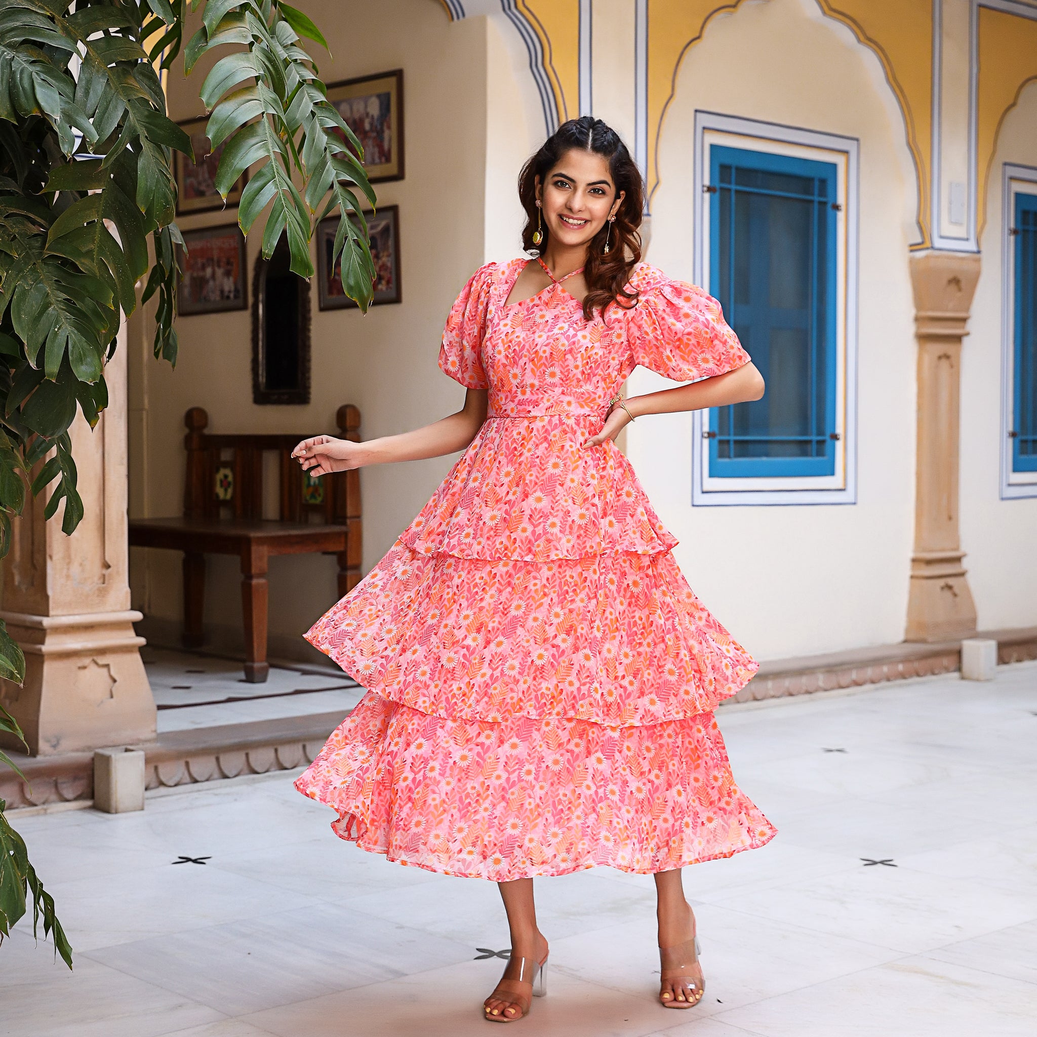 Belmira Orange Tiered Floral Dress