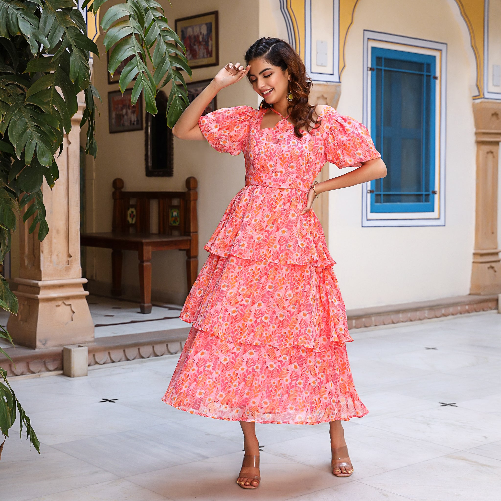 Belmira Orange Tiered Floral Dress