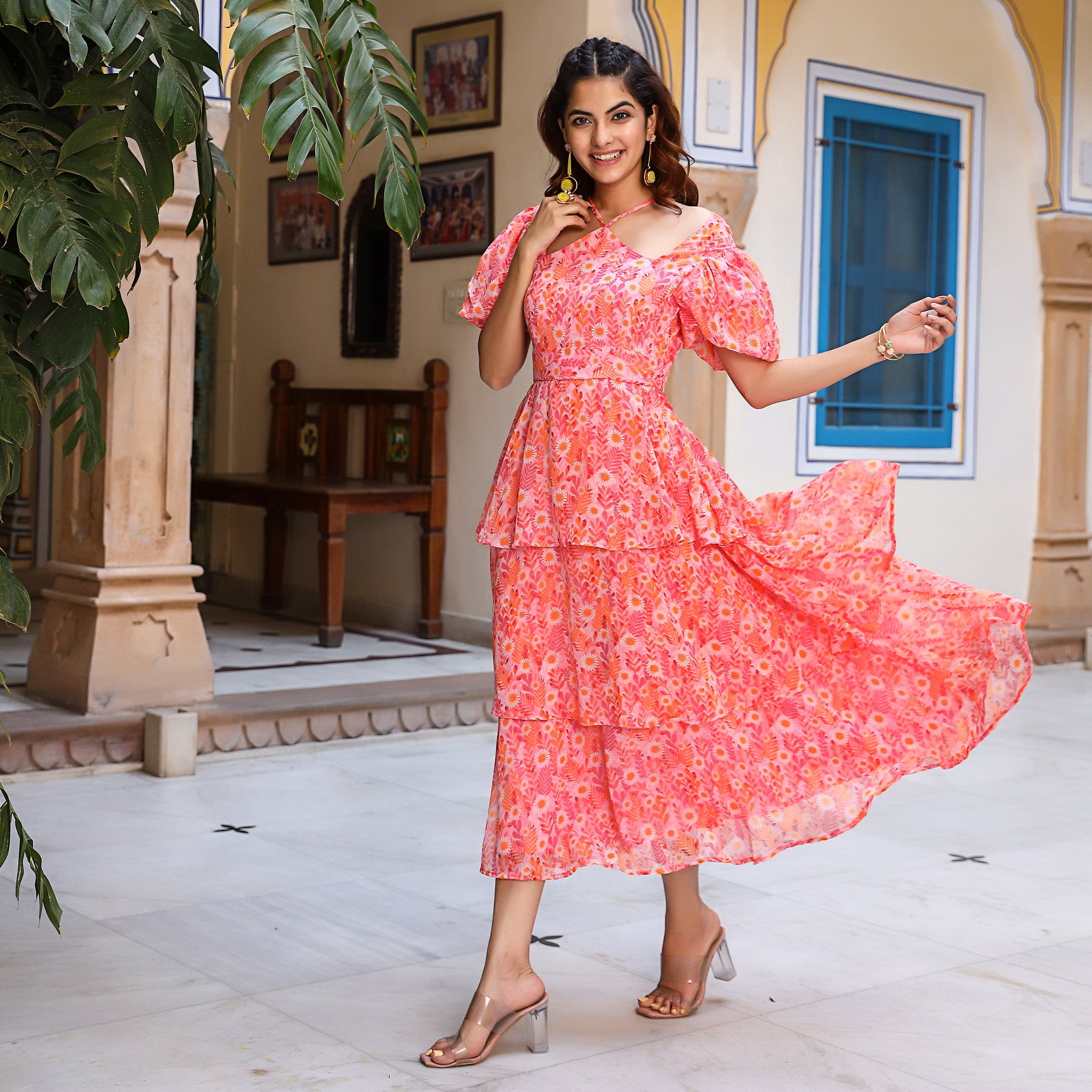 Belmira Orange Tiered Floral Dress