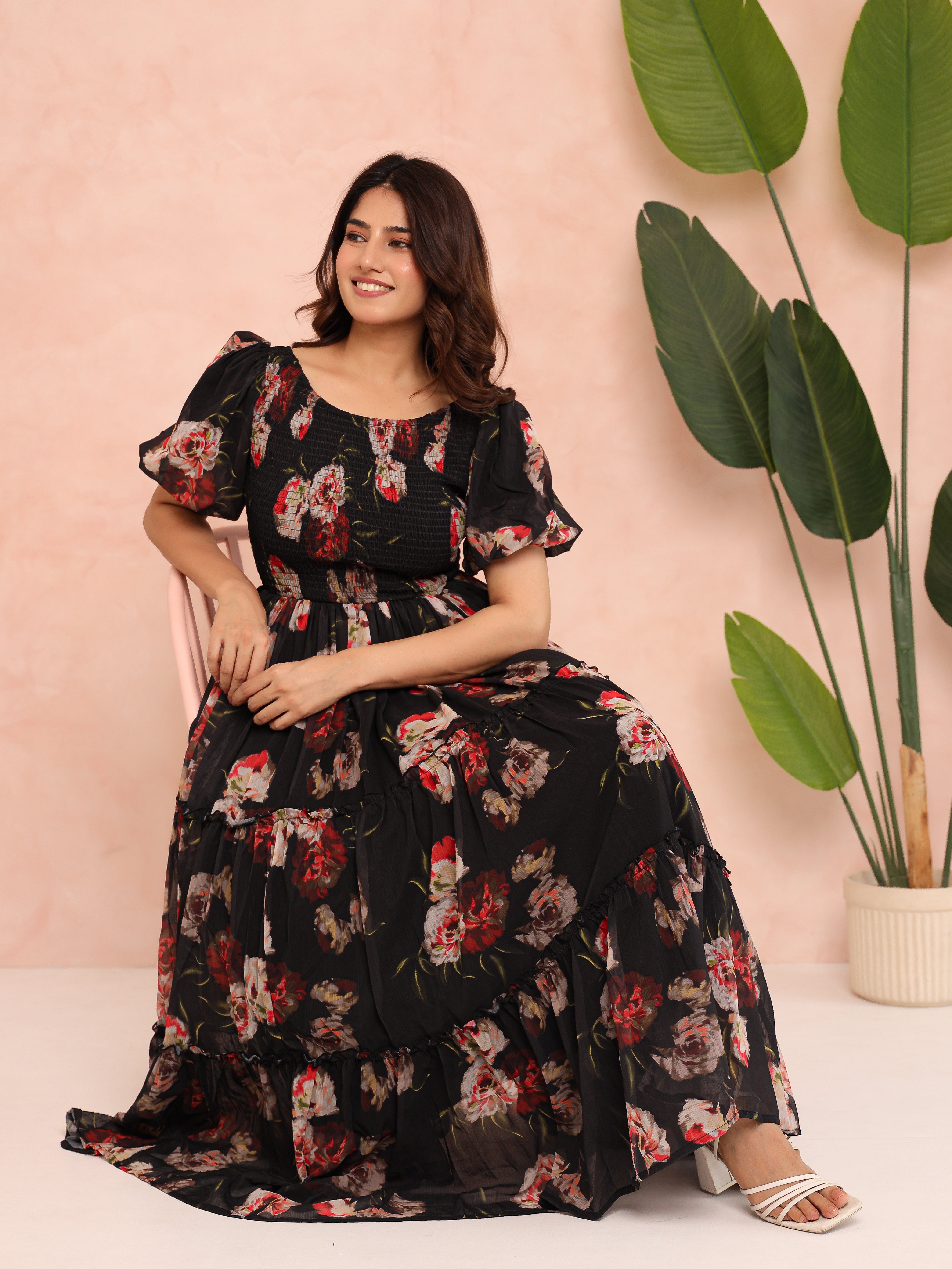Sage Black Smocked Dress