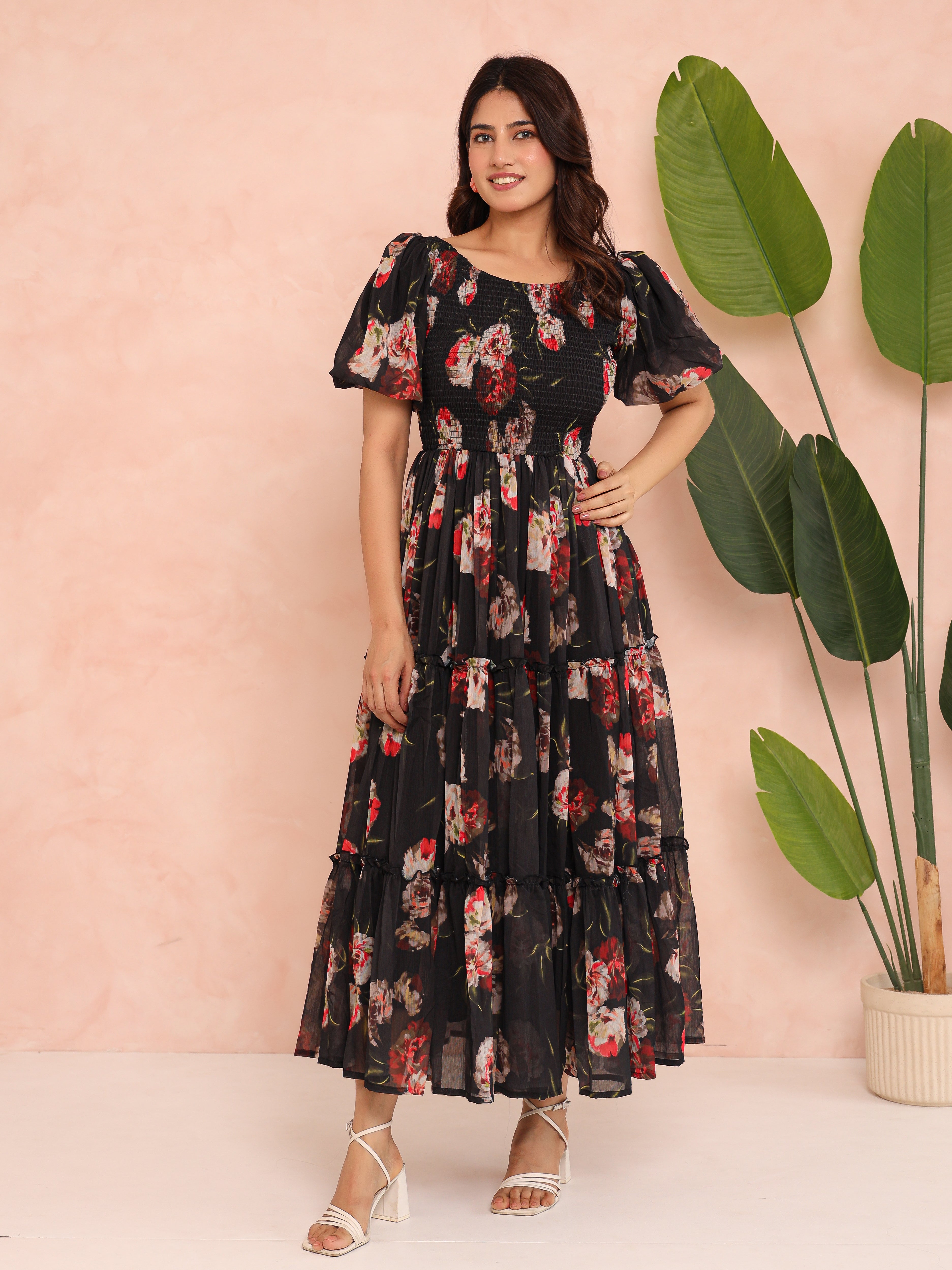 Sage Black Smocked Dress
