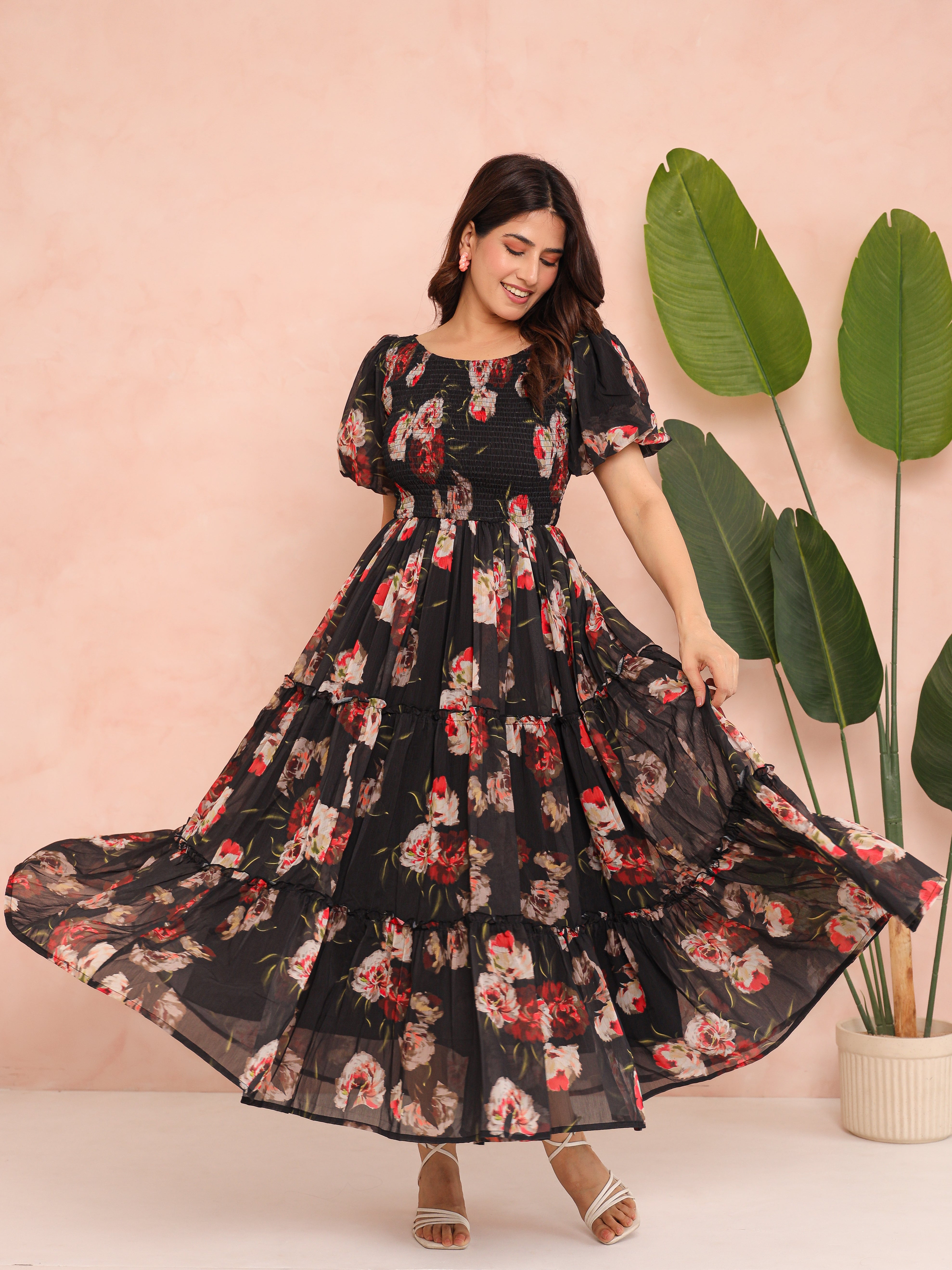 Sage Black Smocked Dress