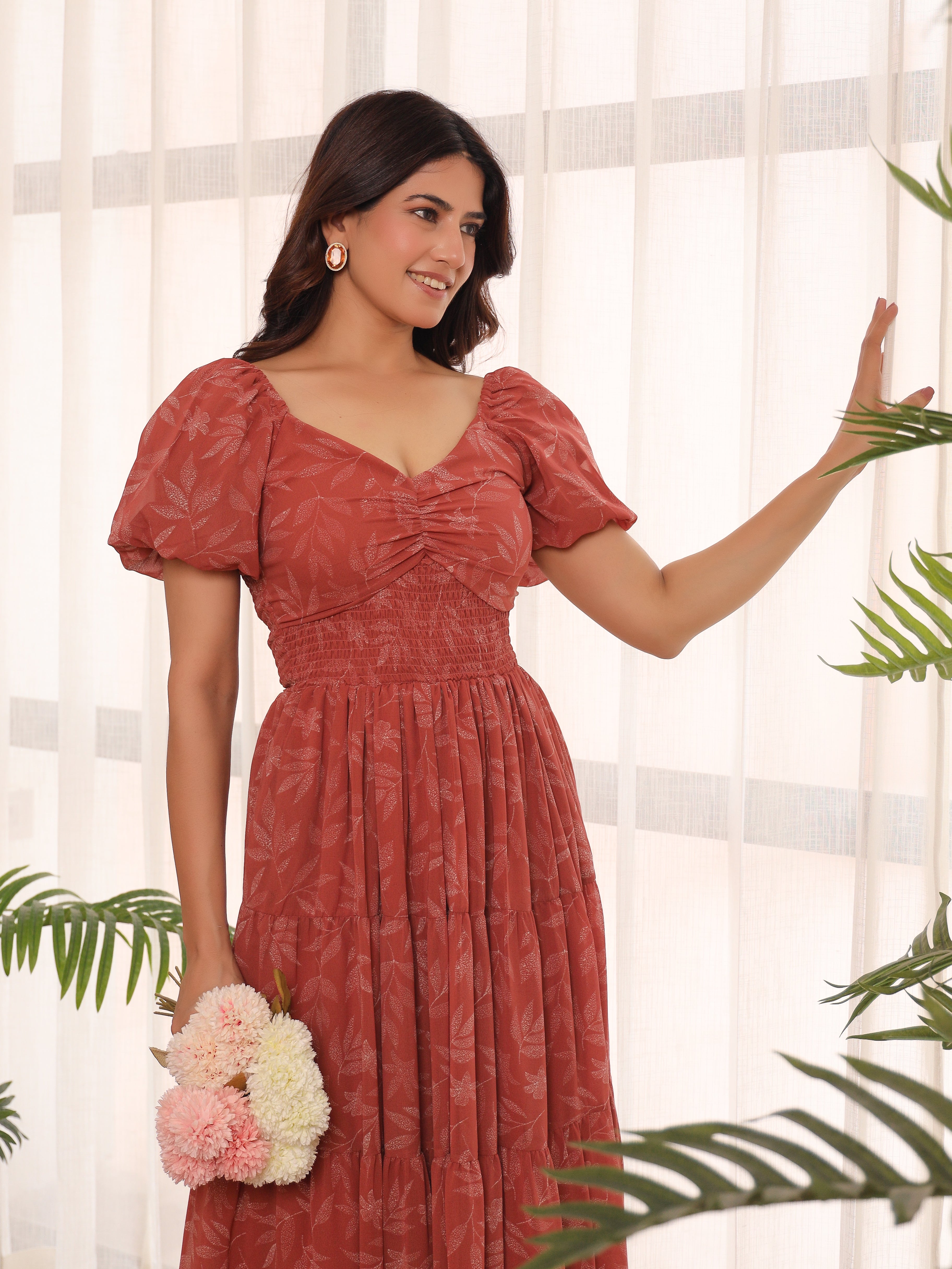 Ariella Rust Leafy Maxi Dress