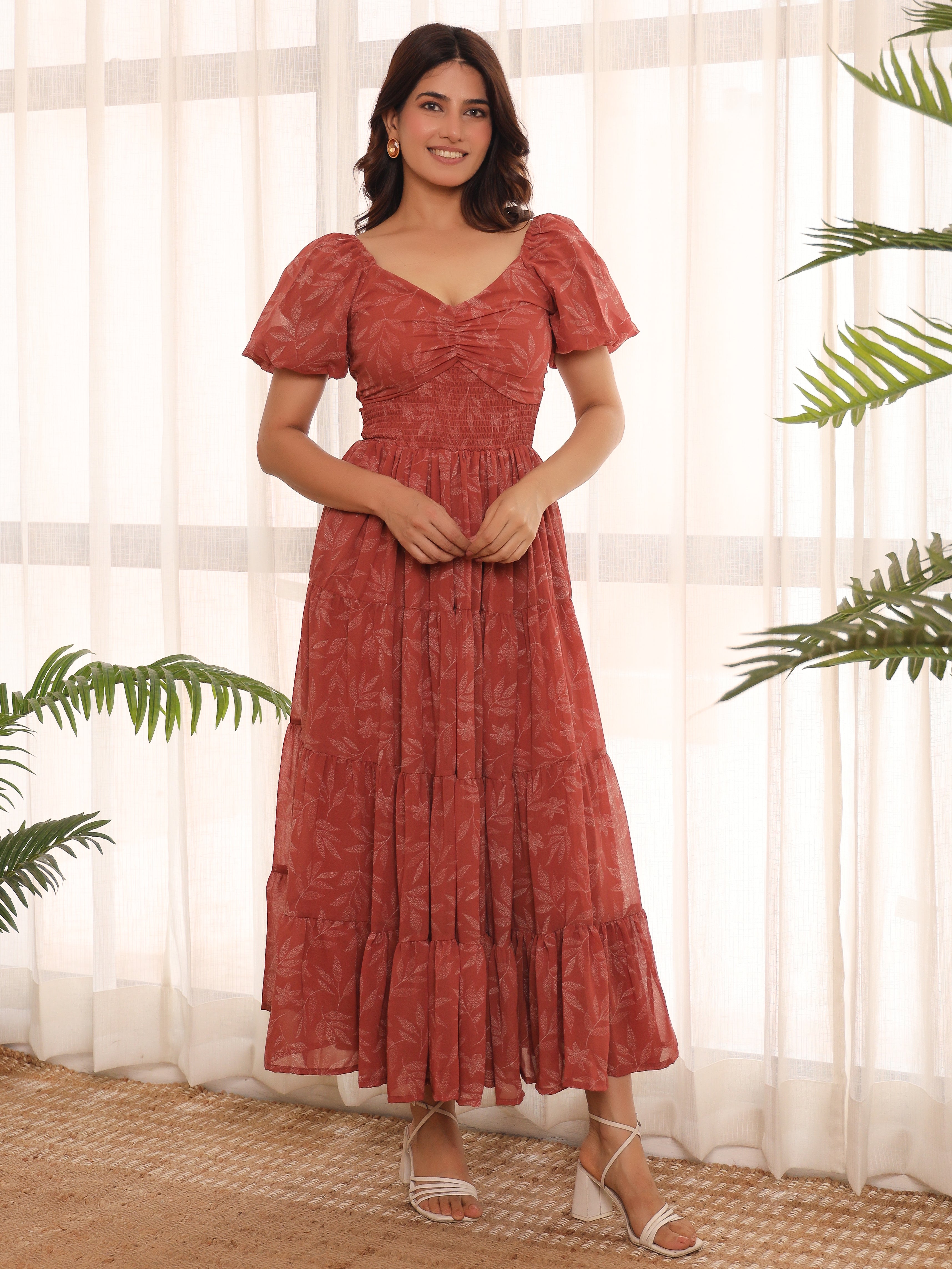 Ariella Rust Leafy Maxi Dress