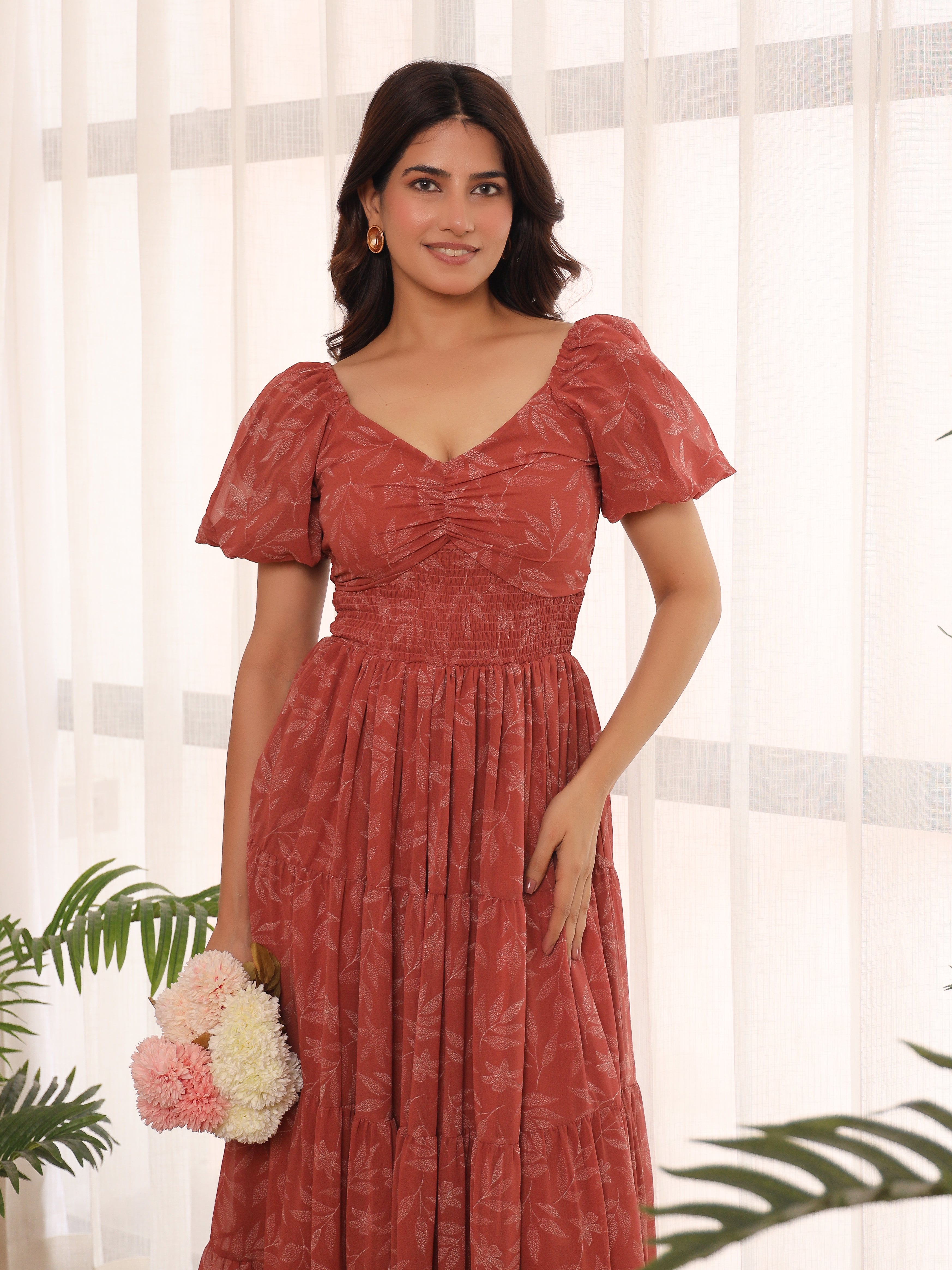 Ariella Rust Leafy Maxi Dress