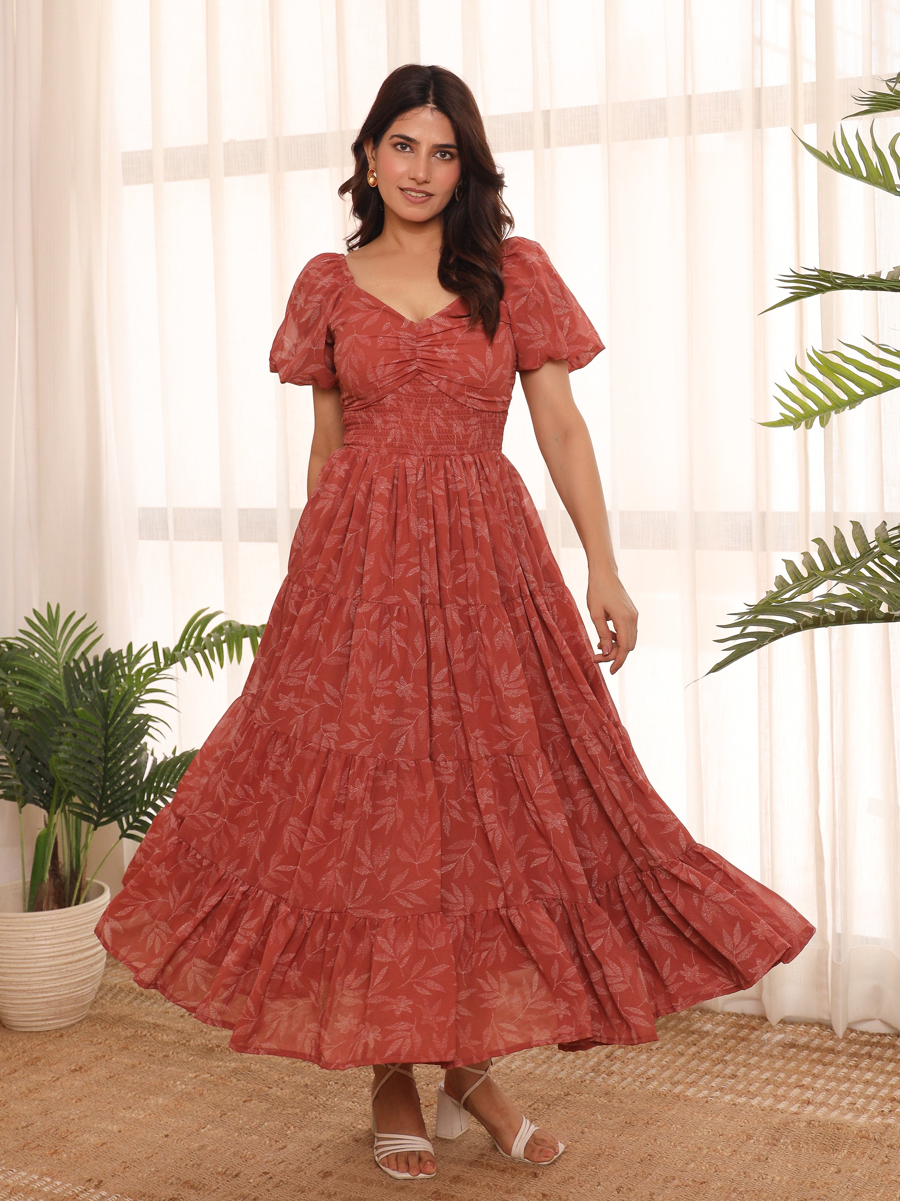 Ariella Rust Leafy Maxi Dress