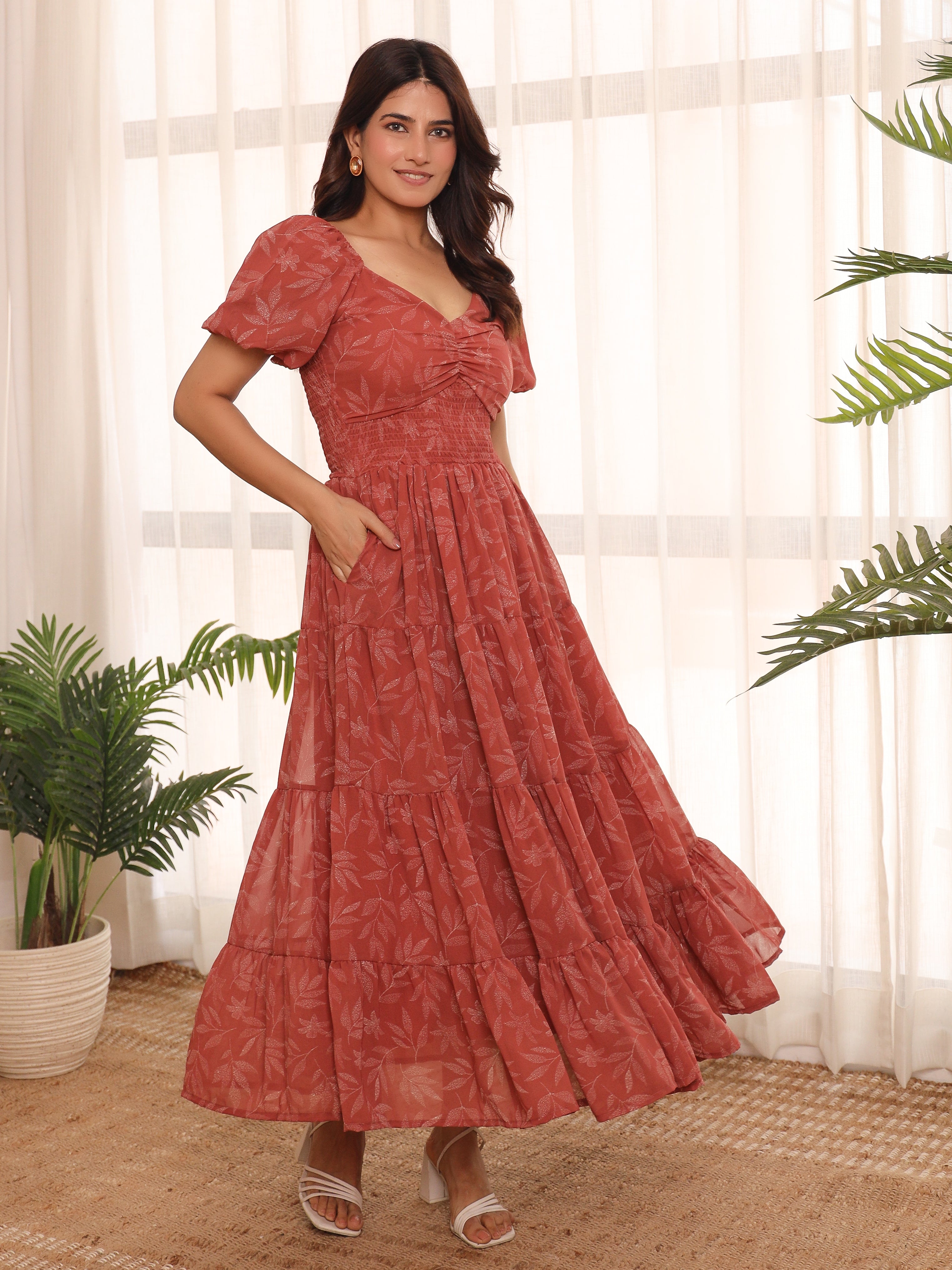 Ariella Rust Leafy Maxi Dress