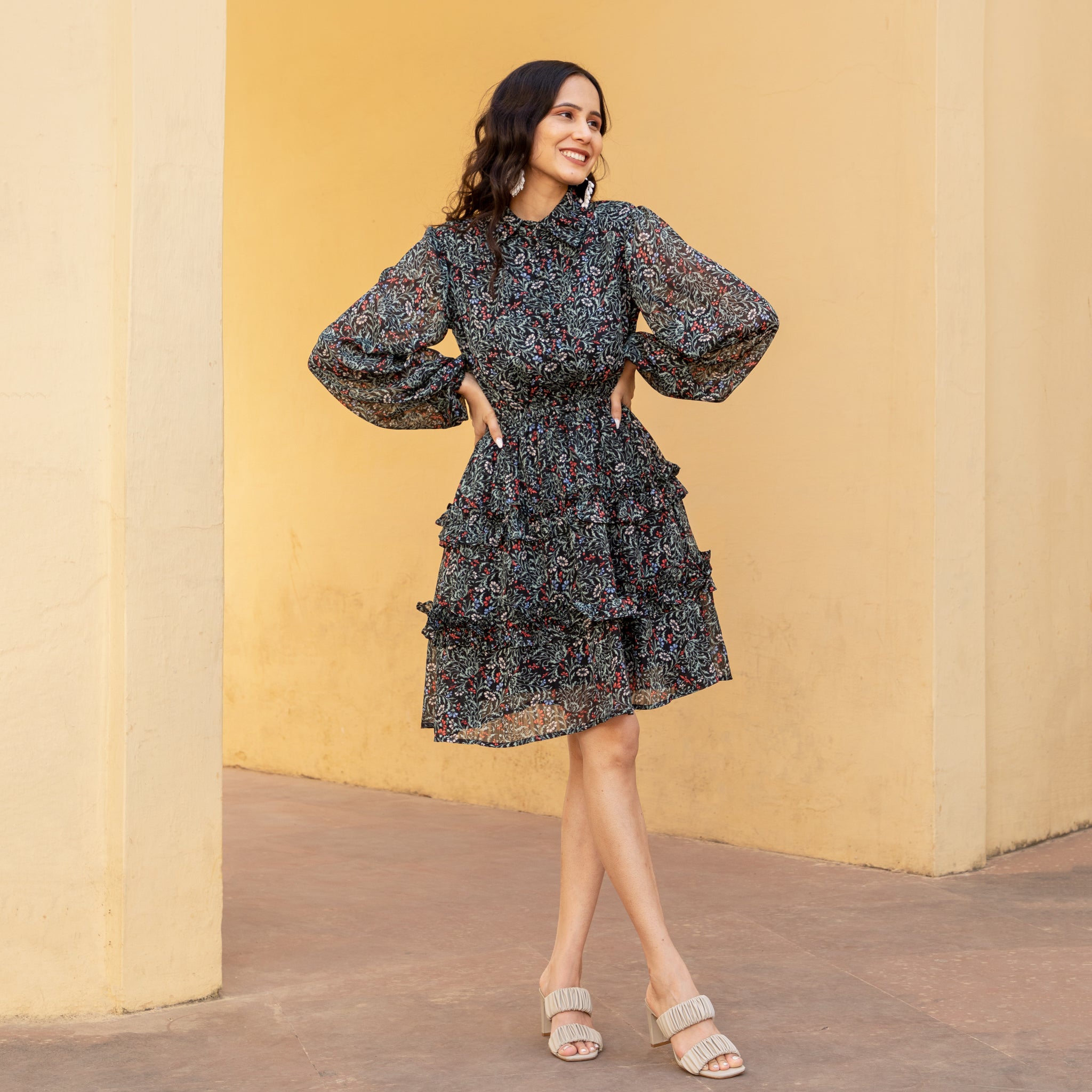 Multicolor Peasant Sleeves Dress