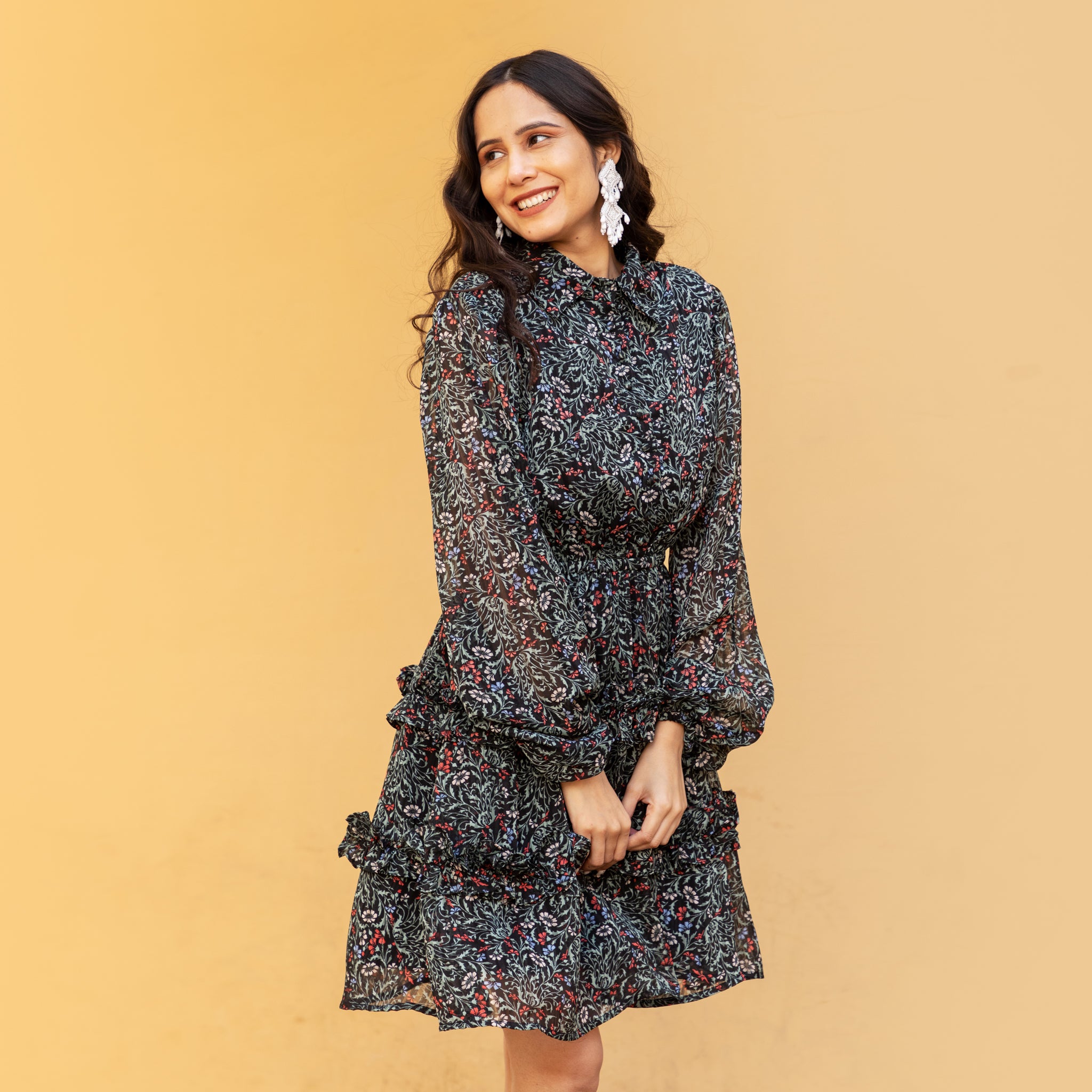 Multicolor Peasant Sleeves Dress