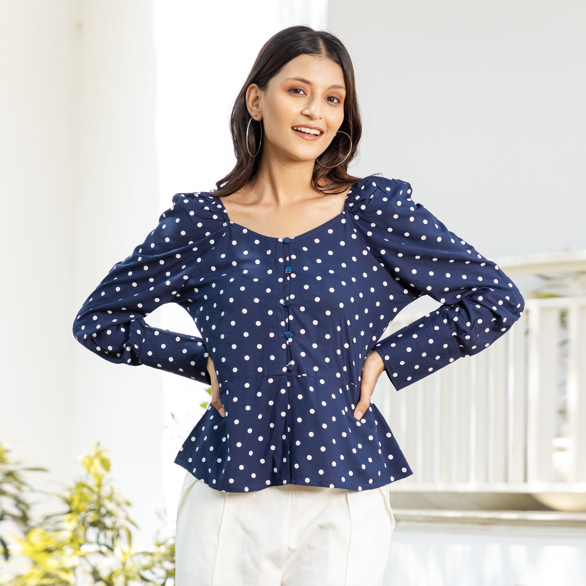 Navy Blue Polka Print Summer Top